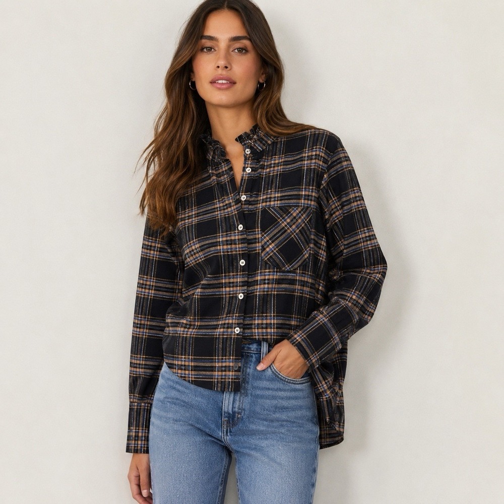 Heartloom Plaid Flannel Long Sleeve Button Up Ruffle Collar Shirt Women's Sz XS